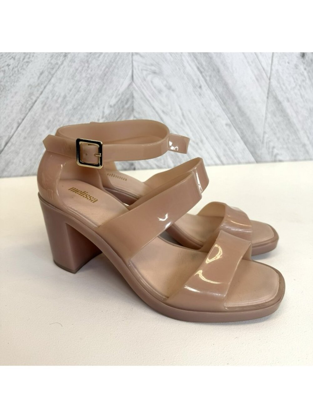 Melissa Model Block Heel Jelly Sandals Shoes Ankle Strap Nude US Size 8 EU 39